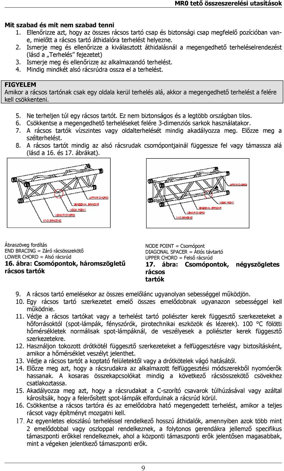 Mindig mindkét alsó rácsrúdra ossza el a terhelést. FIGYELEM Amikor a rácsos tartónak csak egy oldala kerül terhelés alá, akkor a megengedhető terhelést a felére kell csökkenteni. 5.