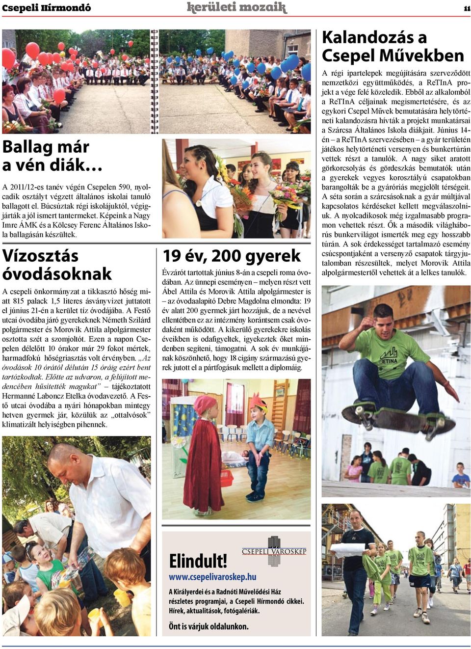 Vízosztás óvodásoknak A csepeli önkormányzat a tikkasztó hőség miatt 815 palack 1,5 literes ásványvizet juttatott el június 21-én a kerület tíz óvodájába.