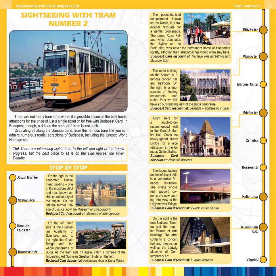 Budapest Card discount at: Vénhajó Restaurant/Kossuth Museum Ship Eötvös tér Vigadó tér There are not many tram rides where it is possible to see all the best tourist attractions for the price of