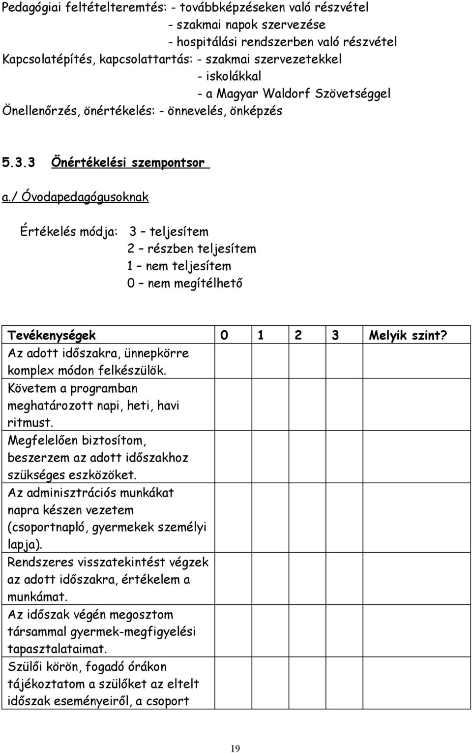 / Óvodapedagógusoknak Értékelés módja: 3 teljesítem 2 részben teljesítem 1 nem teljesítem 0 nem megítélhető Tevékenységek 0 1 2 3 Melyik szint?