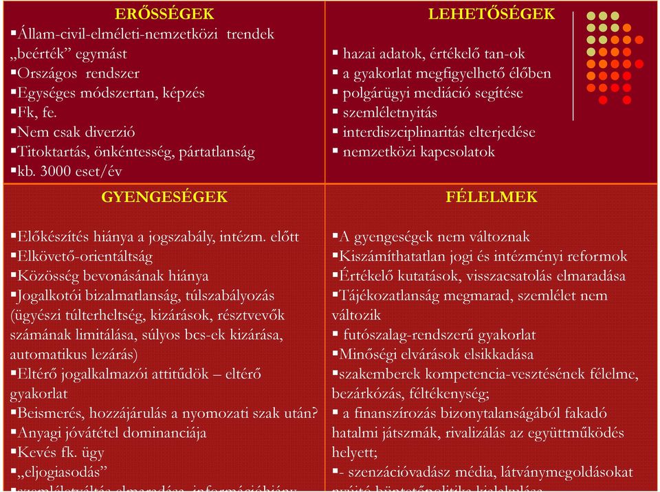 elıtt Elkövetı-orientáltság Közösség bevonásának hiánya Jogalkotói bizalmatlanság, túlszabályozás (ügyészi túlterheltség, kizárások, résztvevık számának limitálása, súlyos bcs-ek kizárása,