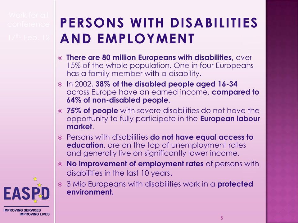 75% of people with severe disabilities do not have the opportunity to fully participate in the European labour market.