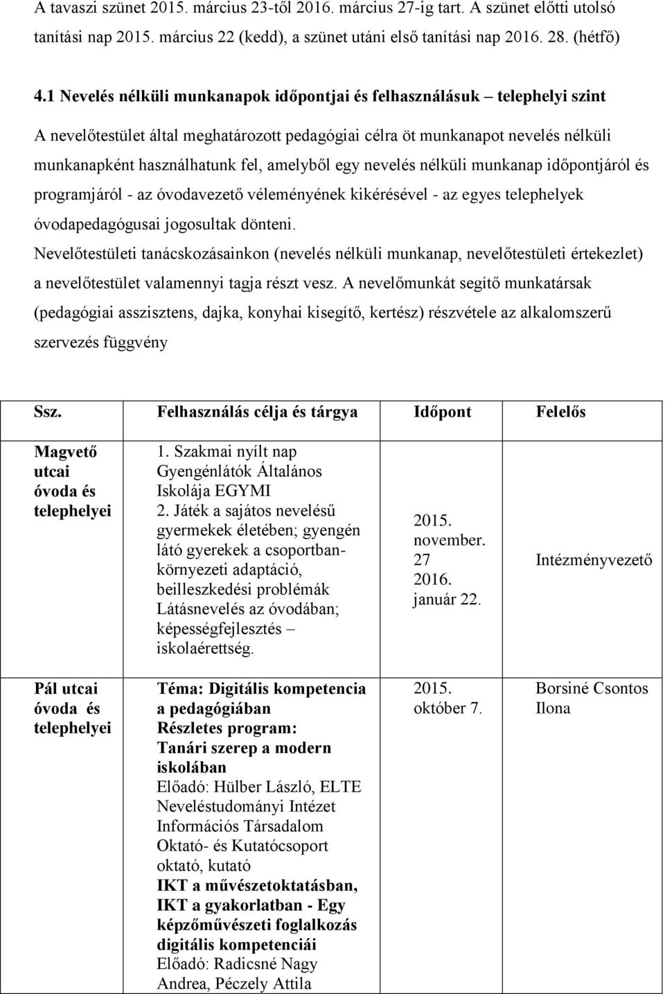 egy nevelés nélküli munkanap időpontjáról és programjáról - az óvodavezető véleményének kikérésével - az egyes telephelyek óvodapedagógusai jogosultak dönteni.