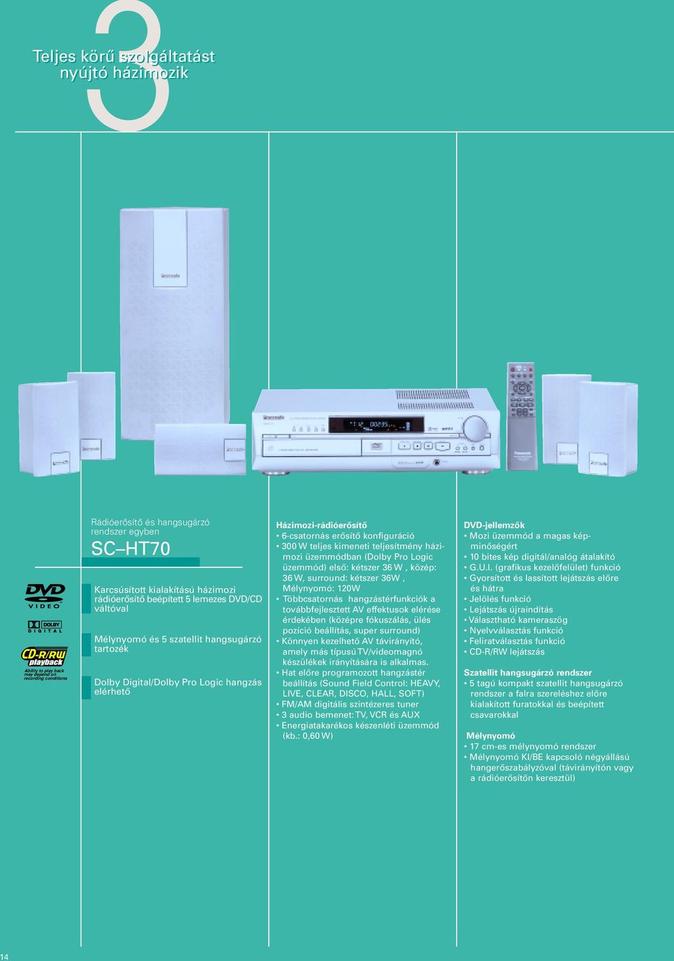 kimeneti teljesítmény házimozi üzemmódban (Dolby Pro Logic üzemmód) elsõ: kétszer 36 W, közép: 36 W, surround: kétszer 36W, Mélynyomó: 120W Többcsatornás hangzástérfunkciók a továbbfejlesztett AV