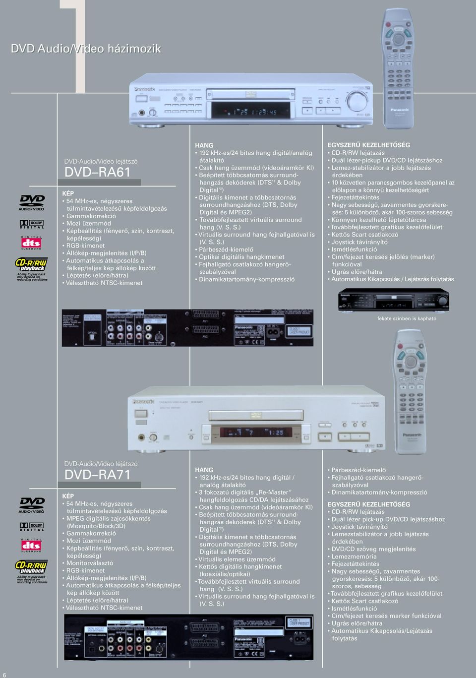 NTSC-kimenet HANG 192 khz-es/24 bites hang digitál/analóg átalakító Csak hang üzemmód (videoáramkör KI) Beépített többcsatornás surroundhangzás dekóderek (DTS *1 & Dolby Digital *2 ) Digitális
