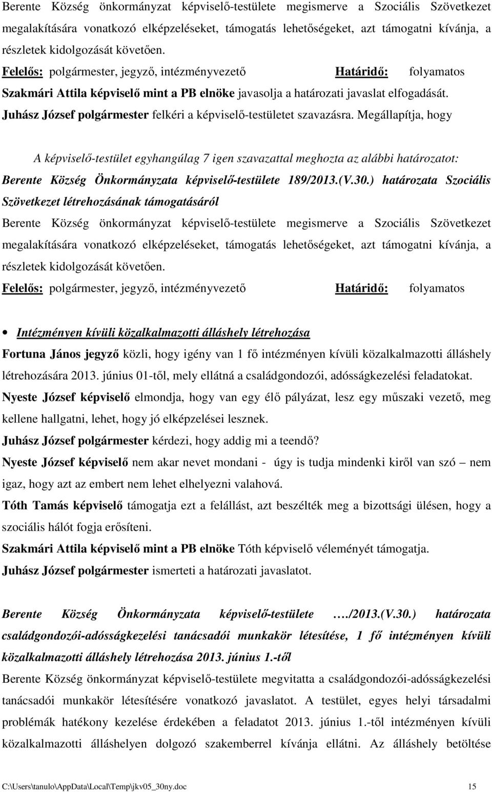 A képviselő-testület egyhangúlag 7 igen szavazattal meghozta az alábbi határozatot: Berente Község Önkormányzata képviselő-testülete 189/2013.(V.30.