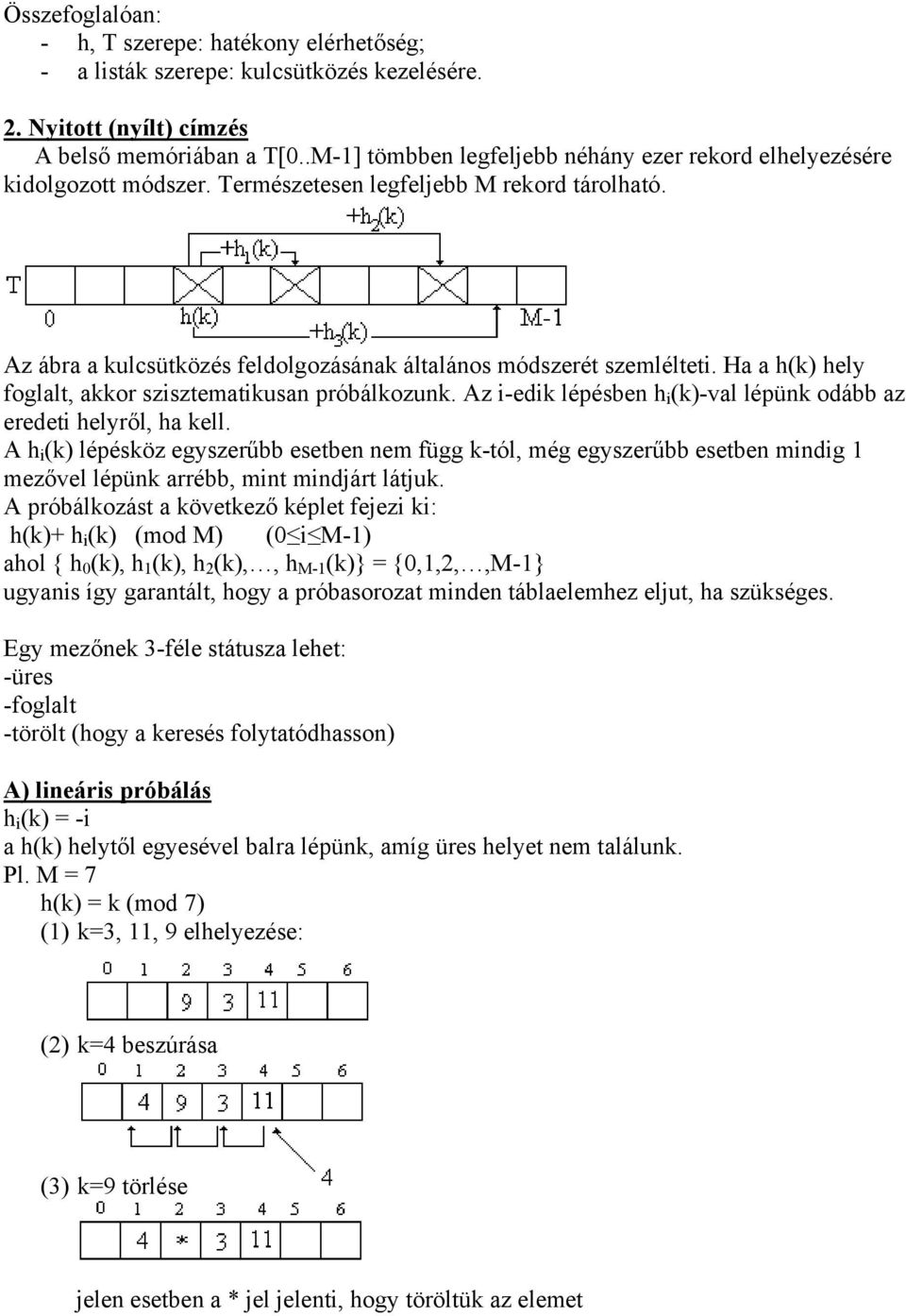 Ha a h(k) hely foglalt, akkor szisztematikusan próbálkozunk. Az i-edik lépésben h i (k)-val lépünk odább az eredeti helyről, ha kell.