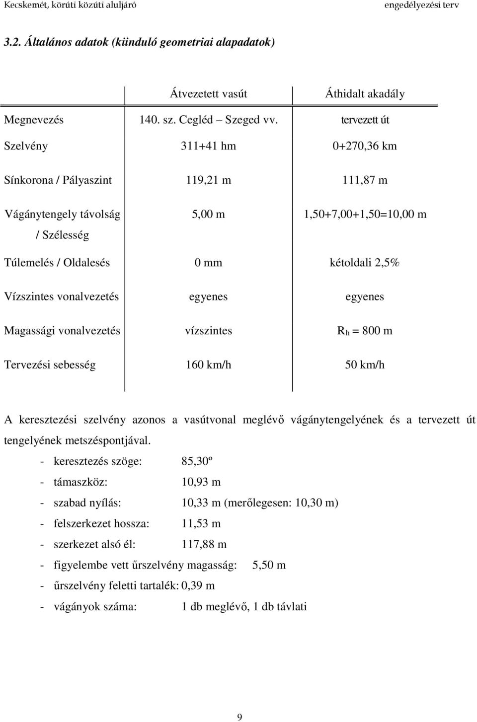 Vízszintes vonalvezetés egyenes egyenes Magassági vonalvezetés vízszintes Rh = 800 m Tervezési sebesség 160 km/h 50 km/h A keresztezési szelvény azonos a vasútvonal meglévő vágánytengelyének és a