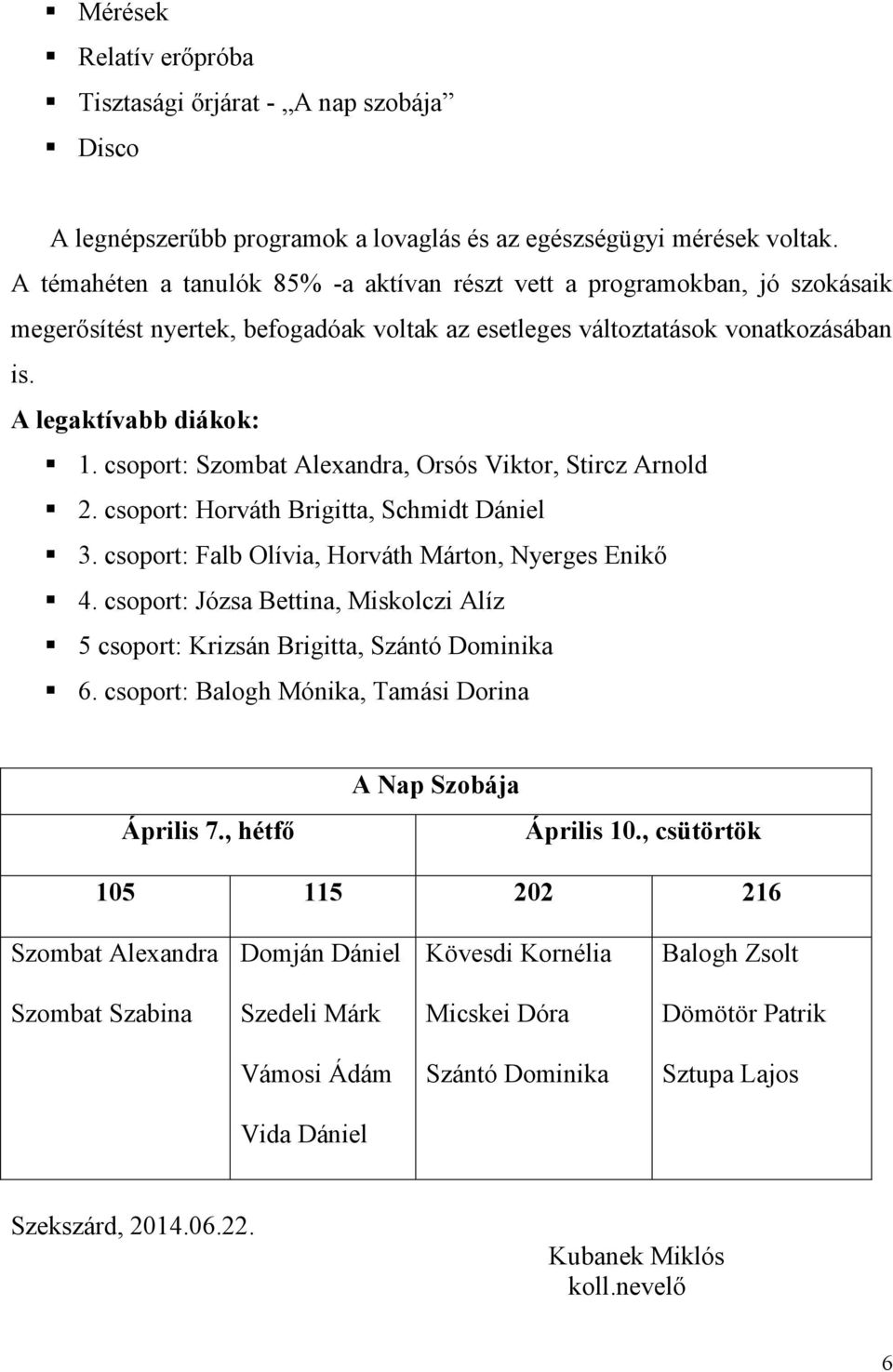 csoport: Szombat Alexandra, Orsós Viktor, Stircz Arnold 2. csoport: Horváth Brigitta, Schmidt Dániel 3. csoport: Falb Olívia, Horváth Márton, Nyerges Enikő 4.