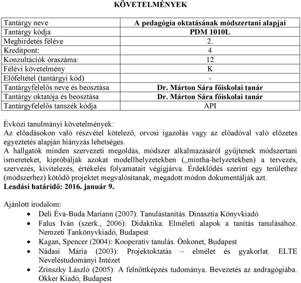 A hallgatók minden szervezeti megoldás, módszer alkalmazásáról gyűjtenek módszertani ismereteket, kipróbálják azokat modellhelyzetekben ( mintha-helyzetekben) a tervezés, szervezés, kivitelezés,