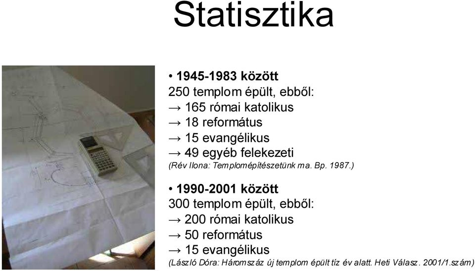 1987.) 1990-2001 között 300 templom épült, ebből: 200 római katolikus 50 református