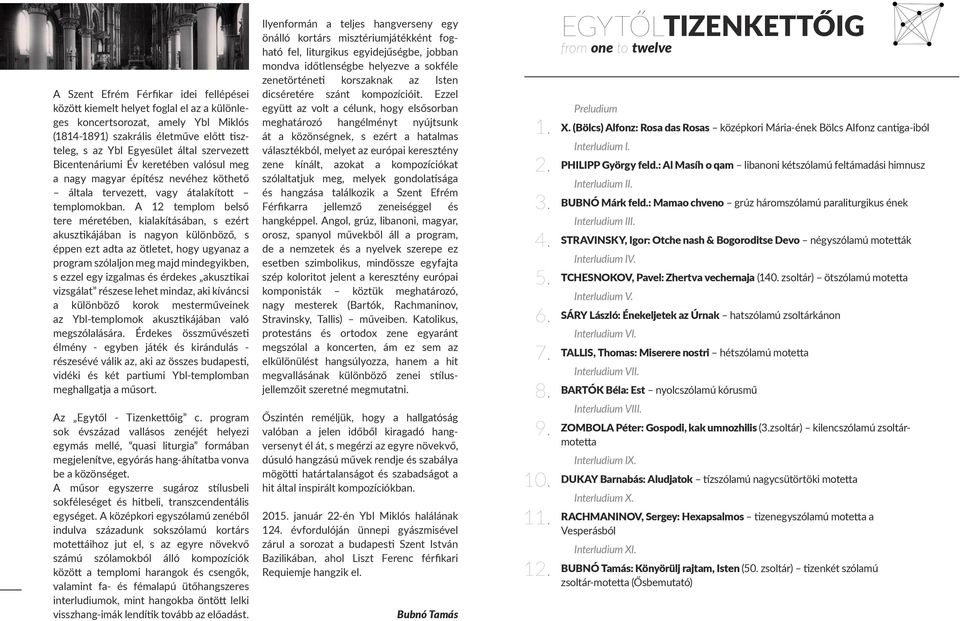 A 12 belső tere méretében, kialakításában, s ezért akusztikájában is nagyon különböző, s éppen ezt adta az ötletet, hogy ugyanaz a program szólaljon meg majd mindegyikben, s ezzel egy izgalmas és