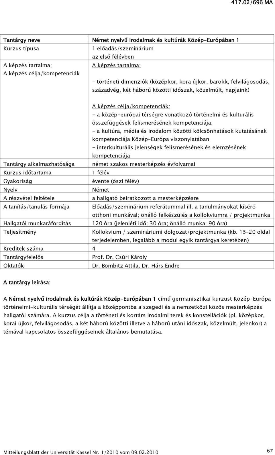 kulturális összefüggések felismerésének kompetenciája; - a kultúra, média és irodalom közötti kölcsönhatások kutatásának kompetenciája Közép-Európa viszonylatában - interkulturális jelenségek