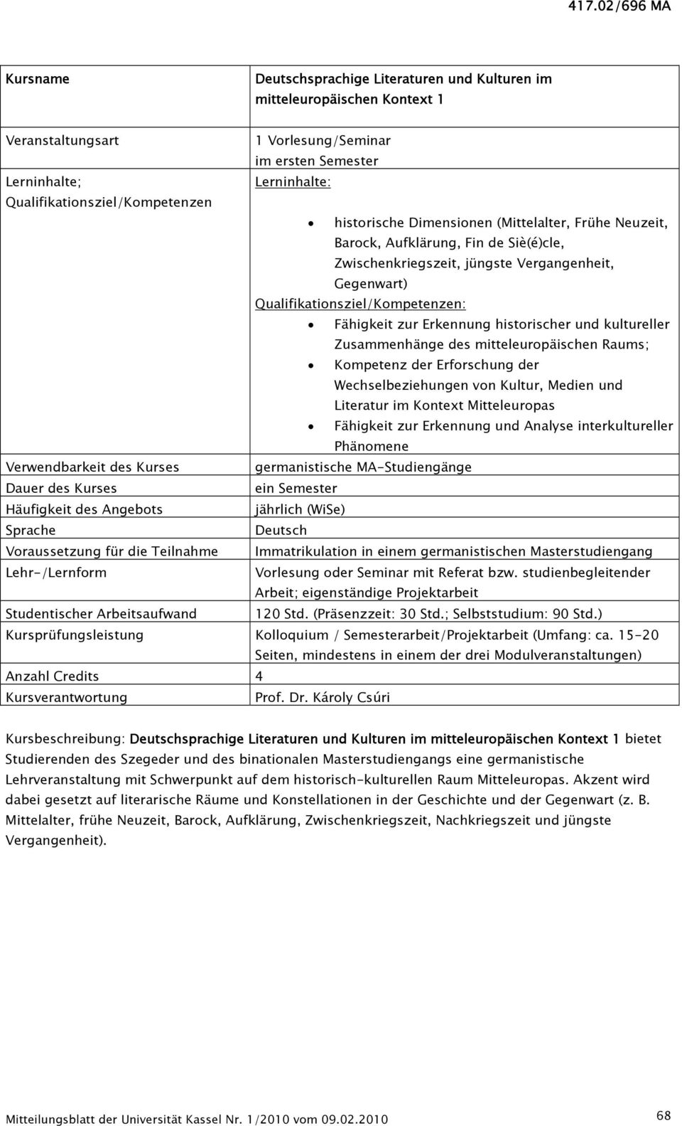 historischer und kultureller Zusammenhänge des mitteleuropäischen Raums; Kompetenz der Erforschung der Wechselbeziehungen von Kultur, Medien und Literatur im Kontext Mitteleuropas Fähigkeit zur