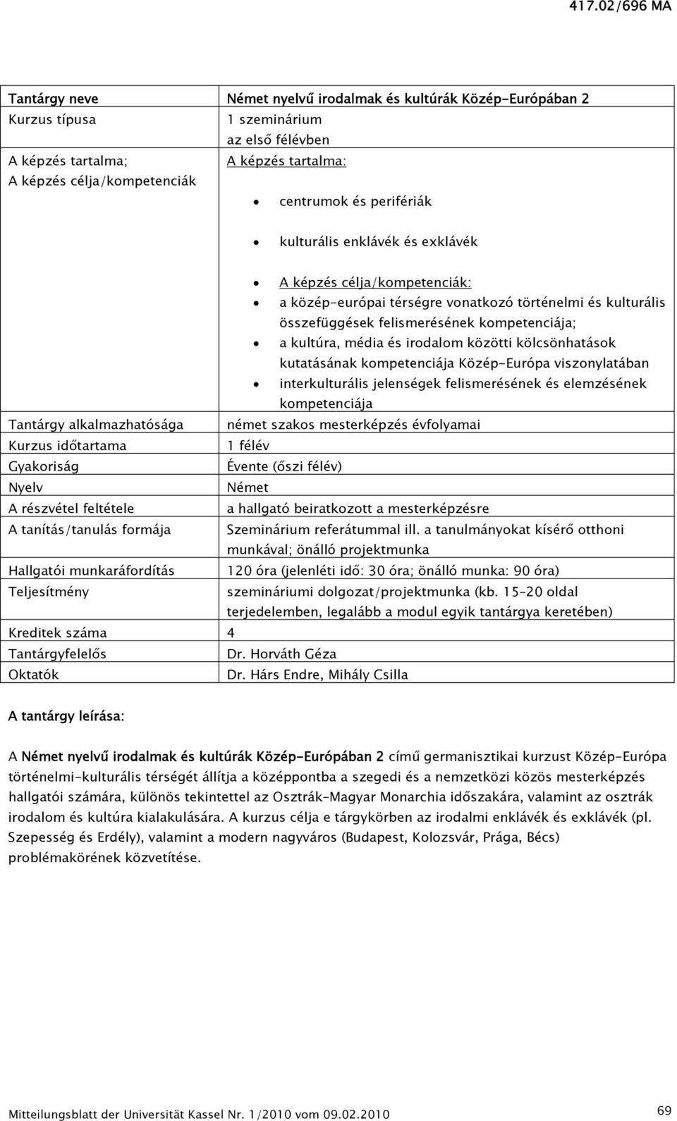 irodalom közötti kölcsönhatások kutatásának kompetenciája Közép-Európa viszonylatában interkulturális jelenségek felismerésének és elemzésének kompetenciája Tantárgy alkalmazhatósága német szakos