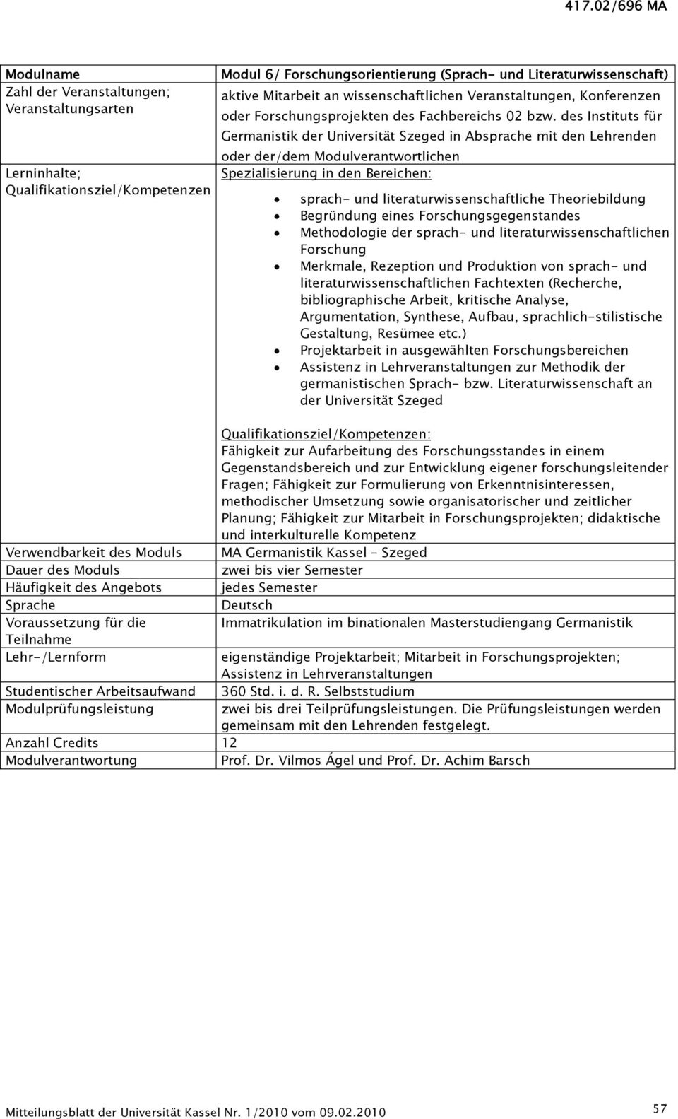 des Instituts für Germanistik der Universität Szeged in Absprache mit den Lehrenden oder der/dem Modulverantwortlichen Spezialisierung in den Bereichen: sprach- und literaturwissenschaftliche