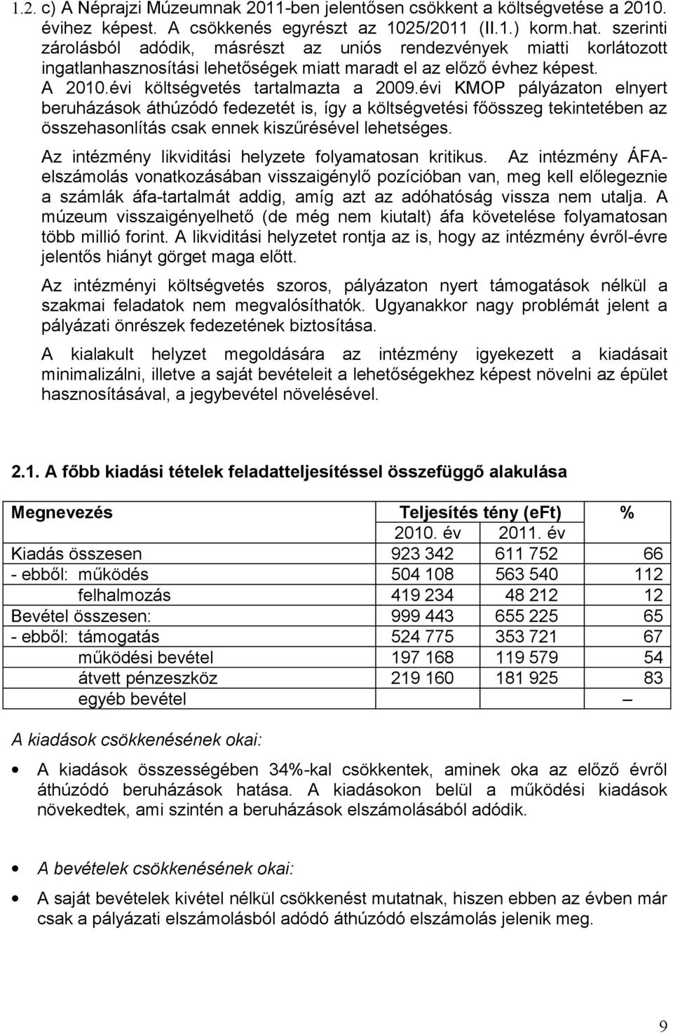 évi KMOP pályázaton elnyert beruházások áthúzódó fedezetét is, így a költségvetési főösszeg tekintetében az összehasonlítás csak ennek kiszűrésével lehetséges.