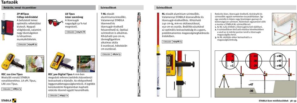 Cikkszám 07470/8 T-NL eloxált alumíniumszintezőléc. Valamennyi STABILA lézervevő és lézersugár-érzékelő felszerelhető rá. Optikai szintezésre is alkalmas.