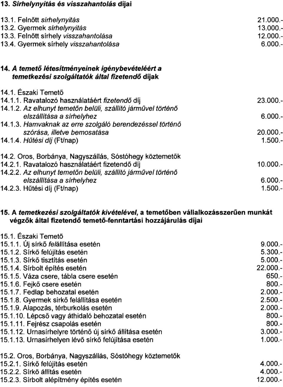 Az elhunyt temetőn belüli, szállító járművel történő elszállítása a sírhelyhez 14.1.3. Hamvaknak az erre szolgáló berendezéssel történő szórása, illetve bemosatása 14.1.4. Hűtési díj (Ft/nap) 14.2.