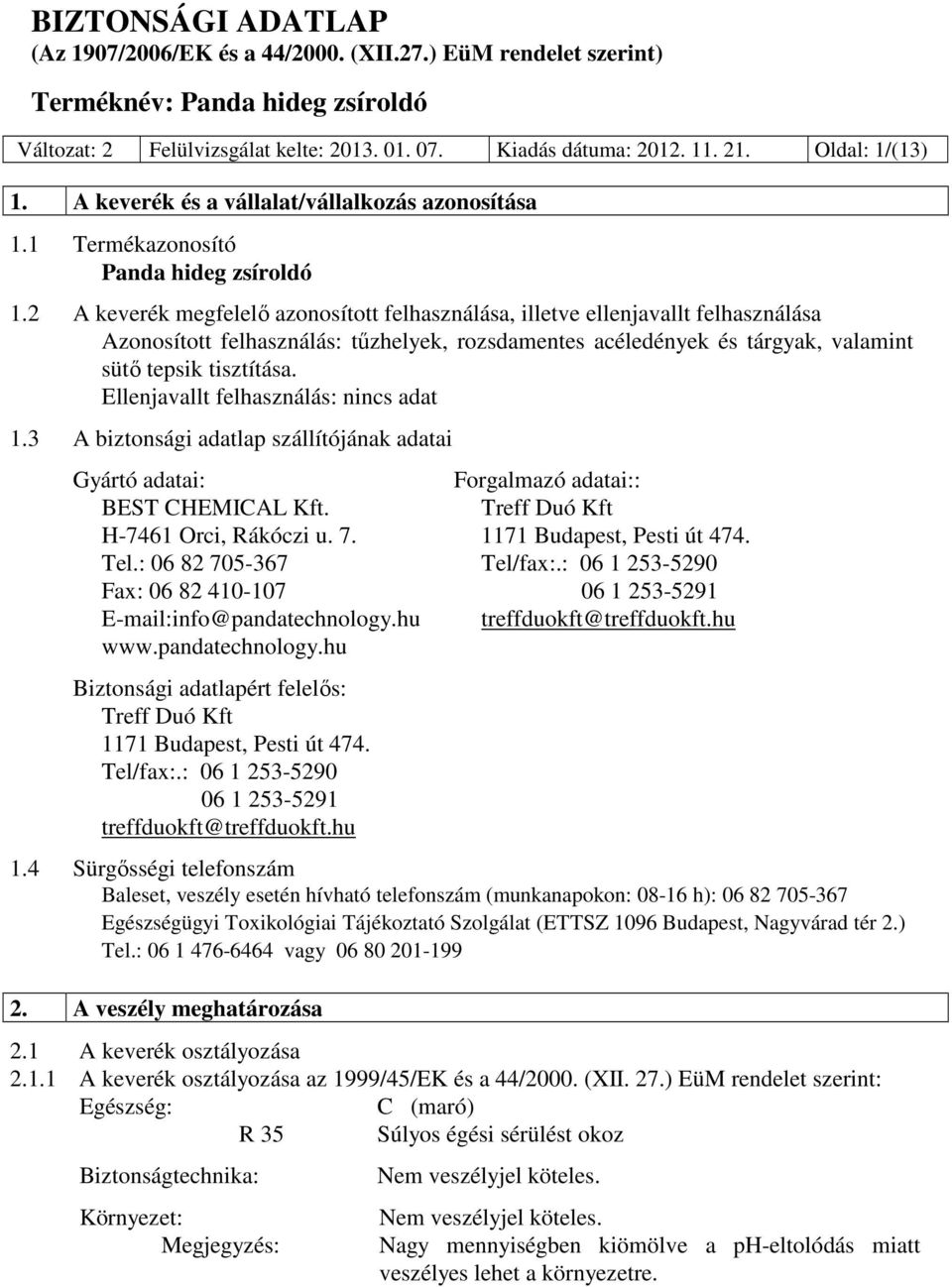 Ellenjavallt felhasználás: 1.3 A biztonsági adatlap szállítójának adatai Gyártó adatai: Forgalmazó adatai:: BEST CHEMICAL Kft. Treff Duó Kft H-7461 Orci, Rákóczi u. 7. 1171 Budapest, Pesti út 474.