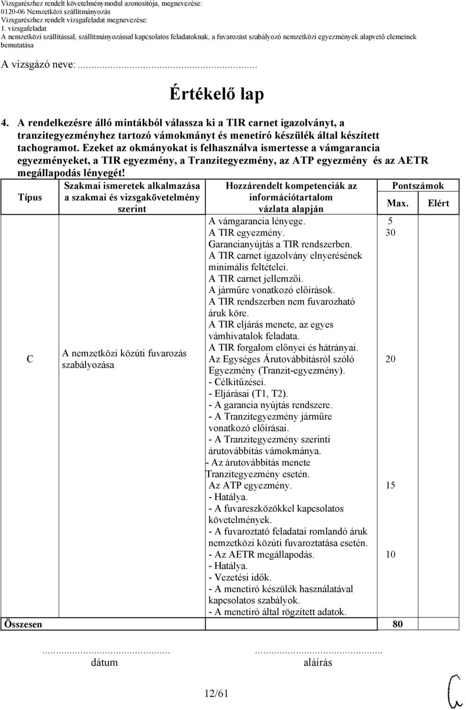 Típus C Szakmai ismeretek alkalmazása a szakmai és vizsgakövetelmény szerint A nemzetközi közúti fuvarozás szabályozása Hozzárendelt kompetenciák az információtartalom vázlata alapján A vámgarancia