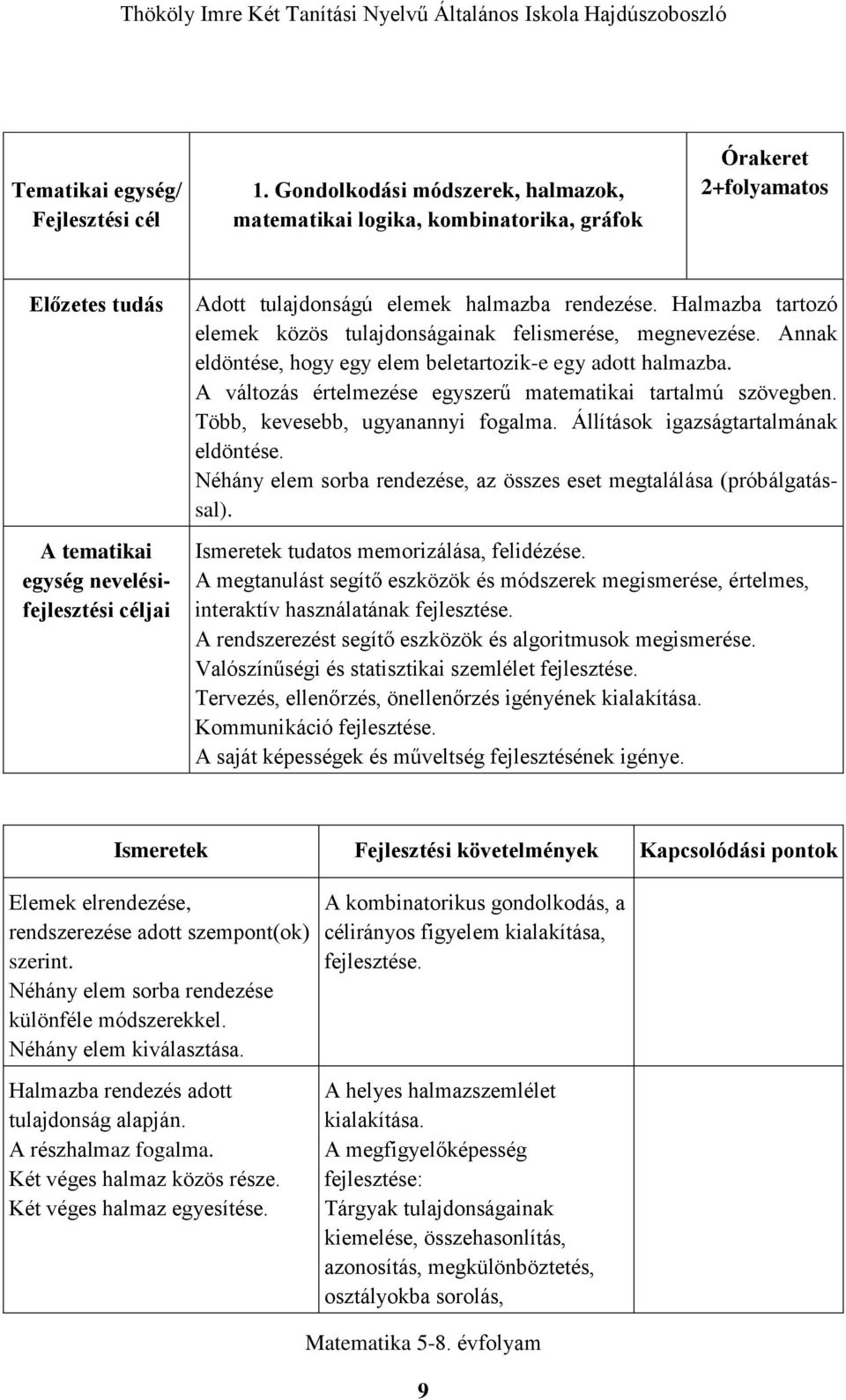 rendezése. Halmazba tartozó elemek közös tulajdonságainak felismerése, megnevezése. Annak eldöntése, hogy egy elem beletartozik-e egy adott halmazba.