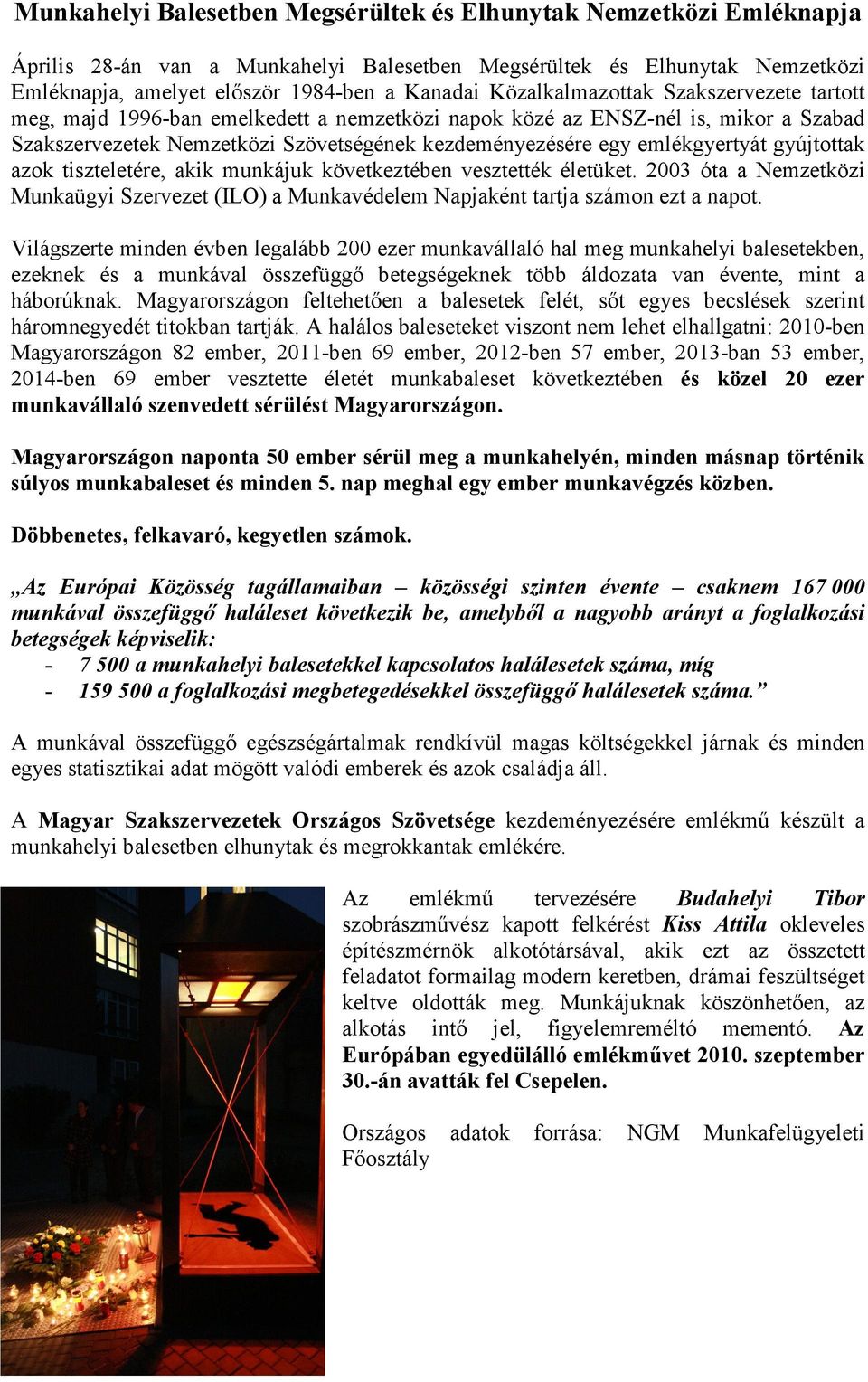 emlékgyertyát gyújtottak azok tiszteletére, akik munkájuk következtében vesztették életüket. 2003 óta a Nemzetközi Munkaügyi Szervezet (ILO) a Munkavédelem Napjaként tartja számon ezt a napot.