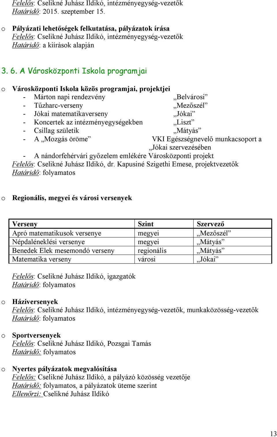 intézményegységekben Liszt - Csillag születik Mátyás - A Mozgás öröme VKI Egészségnevelő munkacsoport a Jókai szervezésében - A nándorfehérvári győzelem emlékére Városközponti projekt, dr.