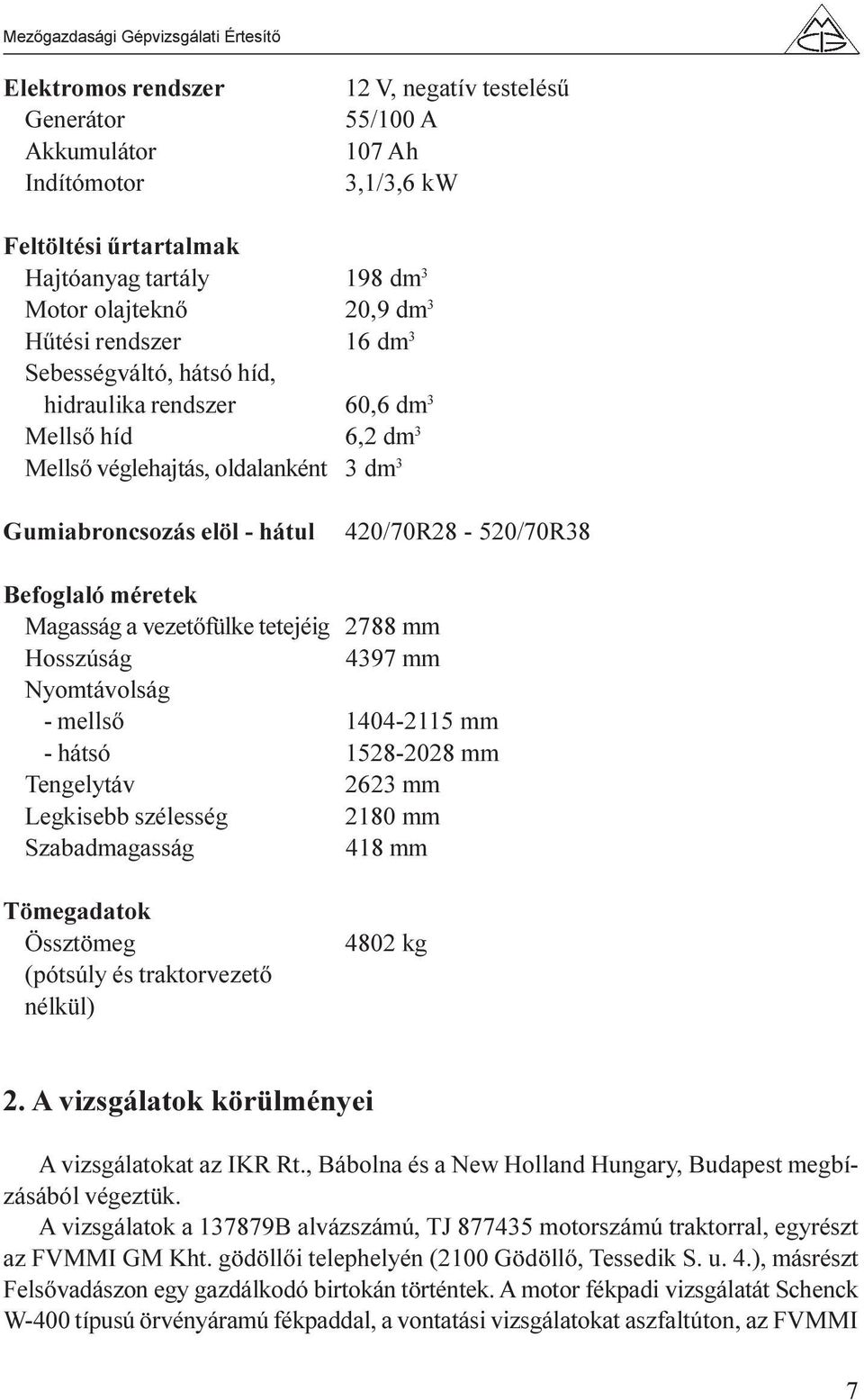 a vezetõfülke tetejéig 2788 mm Hosszúság 4397 mm Nyomtávolság - mellsõ 1404-2115 mm - hátsó 1528-2028 mm Tengelytáv 2623 mm Legkisebb szélesség 2180 mm Szabadmagasság 418 mm Tömegadatok Össztömeg