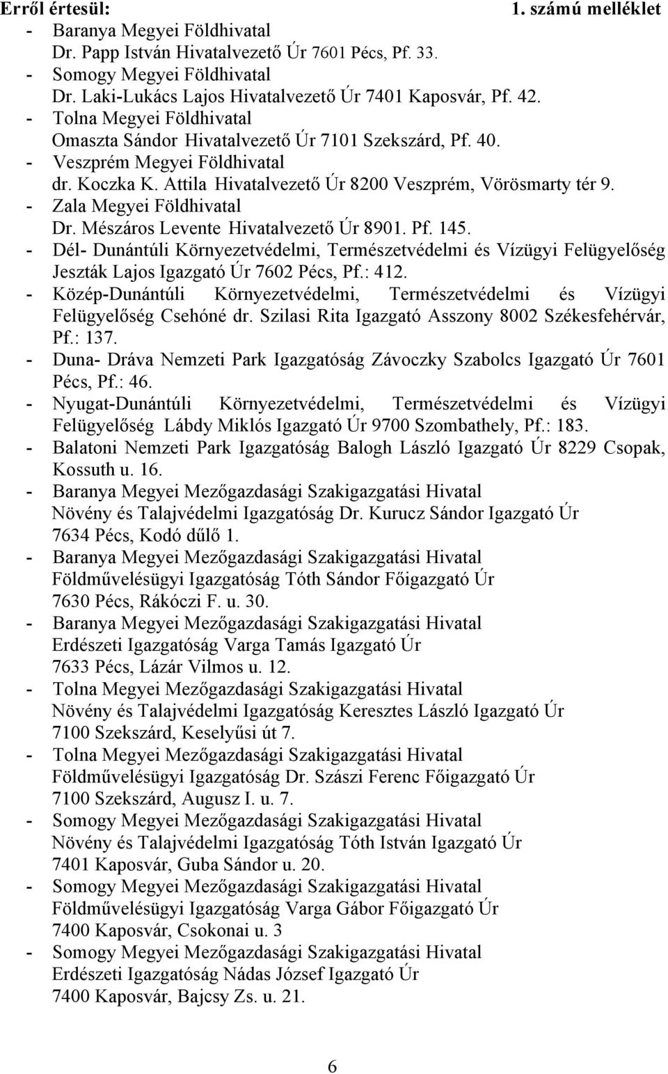 - Zala Megyei Földhivatal Dr. Mészáros Levente Hivatalvezető Úr 8901. Pf. 145. - Dél- Dunántúli Környezetvédelmi, Természetvédelmi és Vízügyi Felügyelőség Jeszták Lajos Igazgató Úr 7602 Pécs, Pf.
