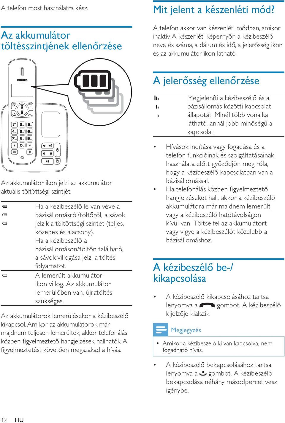 A jelerősség ellenőrzése Megjeleníti a kézibeszélő és a bázisállomás közötti kapcsolat állapotát. Minél több vonalka látható, annál jobb minőségű a kapcsolat.