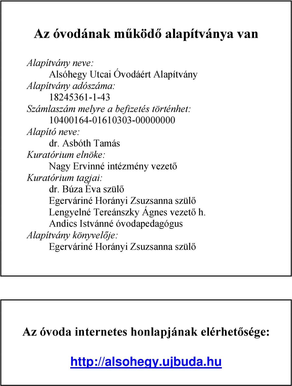 Asbóth Tamás Kuratórium elnöke: Nagy Ervinné intézmény vezető Kuratórium tagjai: dr.