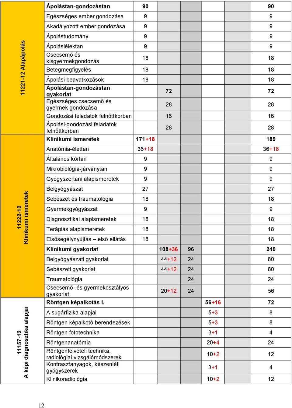 Gondozási feladatok felnőttkorban 16 16 Ápolási-gondozási feladatok felnőttkorban 28 28 Klinikumi ismeretek 171+18 189 Anatómia-élettan 36+18 36+18 Általános kórtan 9 9 Mikrobiológia-járványtan 9 9