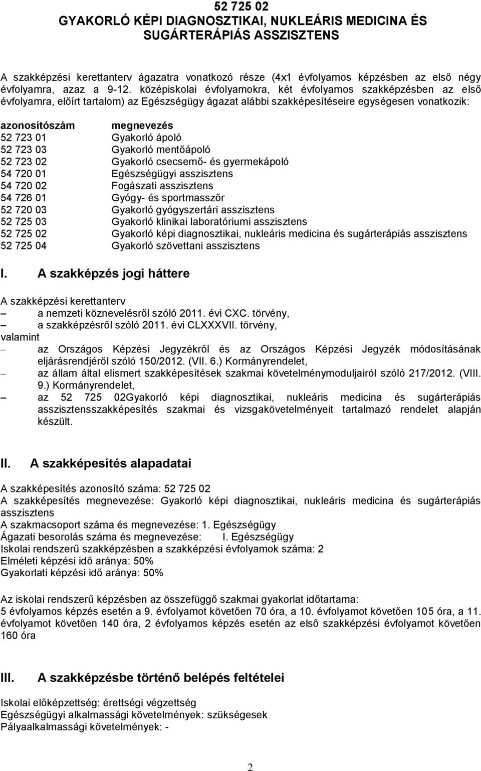 723 01 Gyakorló ápoló 52 723 03 Gyakorló mentőápoló 52 723 02 Gyakorló csecsemő- és gyermekápoló 54 720 01 Egészségügyi asszisztens 54 720 02 Fogászati asszisztens 54 726 01 Gyógy- és sportmasszőr 52