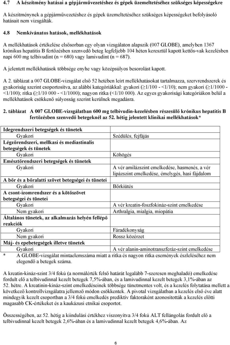 8 Nemkívánatos hatások, mellékhatások A mellékhatások értékelése elsősorban egy olyan vizsgálaton alapszik (007 GLOBE), amelyben 1367 krónikus hepatitis B fertőzésben szenvedő beteg legfeljebb 104