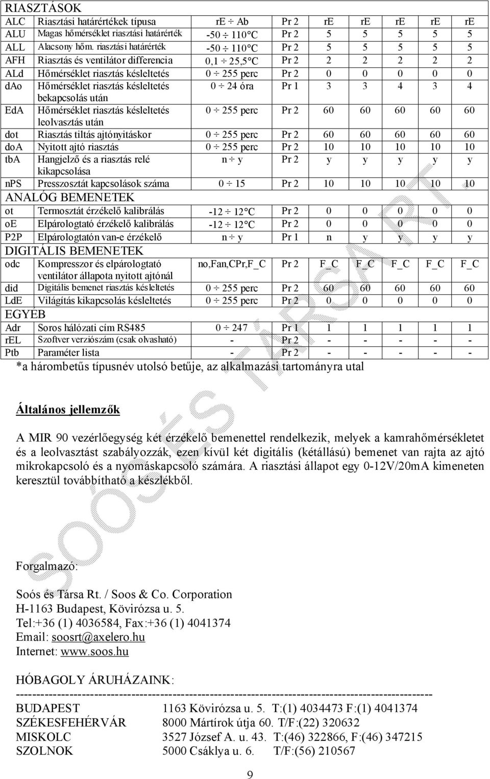 késleltetés 0 24 óra Pr 1 3 3 4 3 4 bekapcsolás után EdA Hőmérséklet riasztás késleltetés 0 255 perc Pr 2 60 60 60 60 60 leolvasztás után dot Riasztás tiltás ajtónyitáskor 0 255 perc Pr 2 60 60 60 60