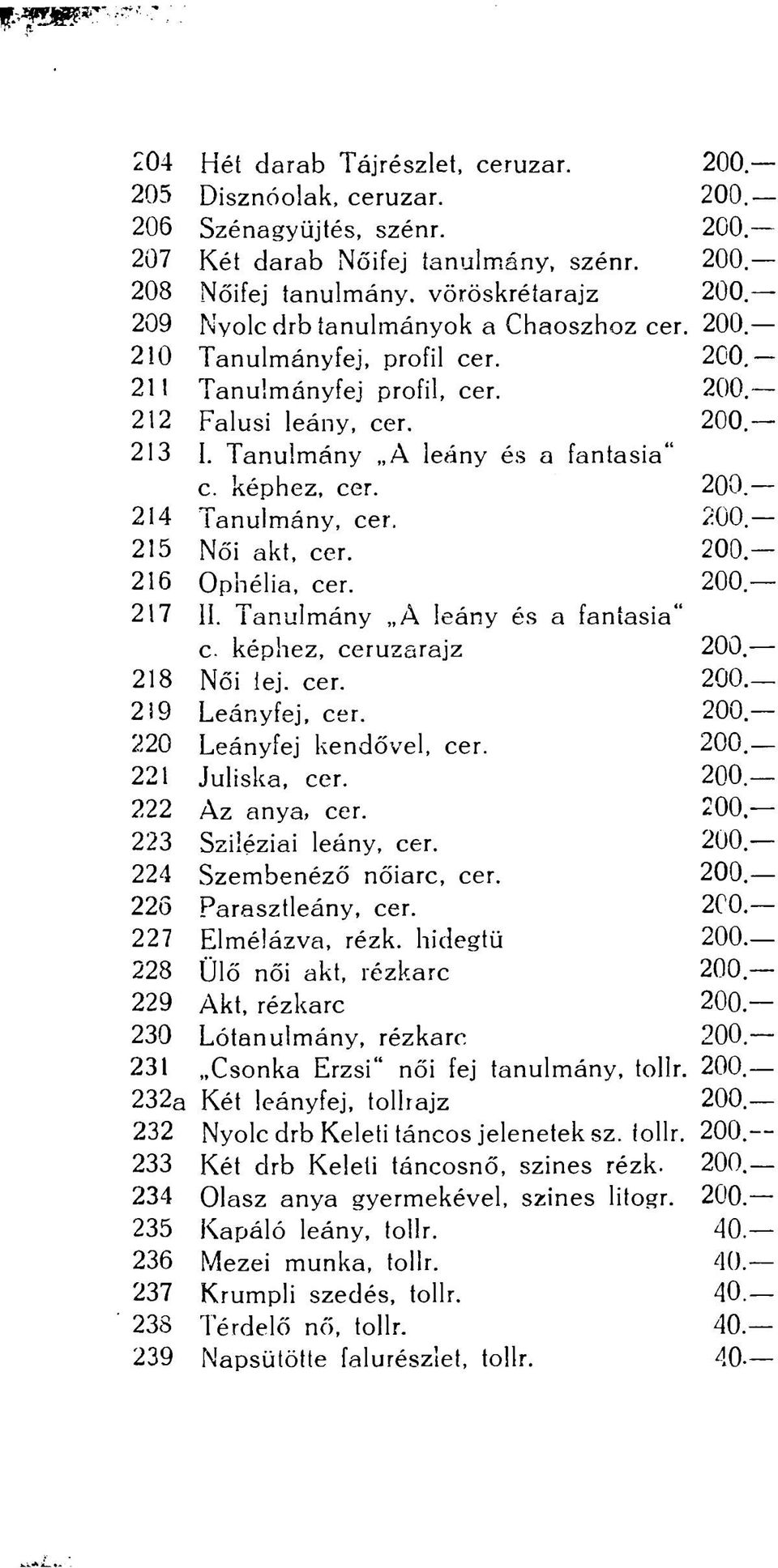 Tanulmány A leány és a fantasia" c. képhez, cer. 200 214 Tanulmány, cer. 200 215 Női akt, cer. 200 216 Ophélia, cer. 200 217 11. Tanulmány A leány és a fantasia" c. képhez, ceruzarajz 200 218 Női lej.