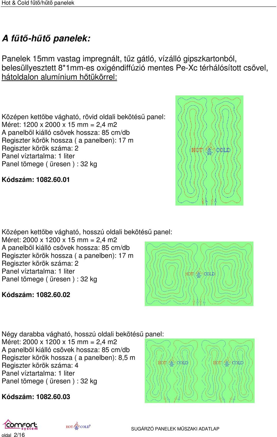 Panel víztartalma: 1 liter Panel tömege ( üresen ) : 32 kg Kódszám: 1082.60.