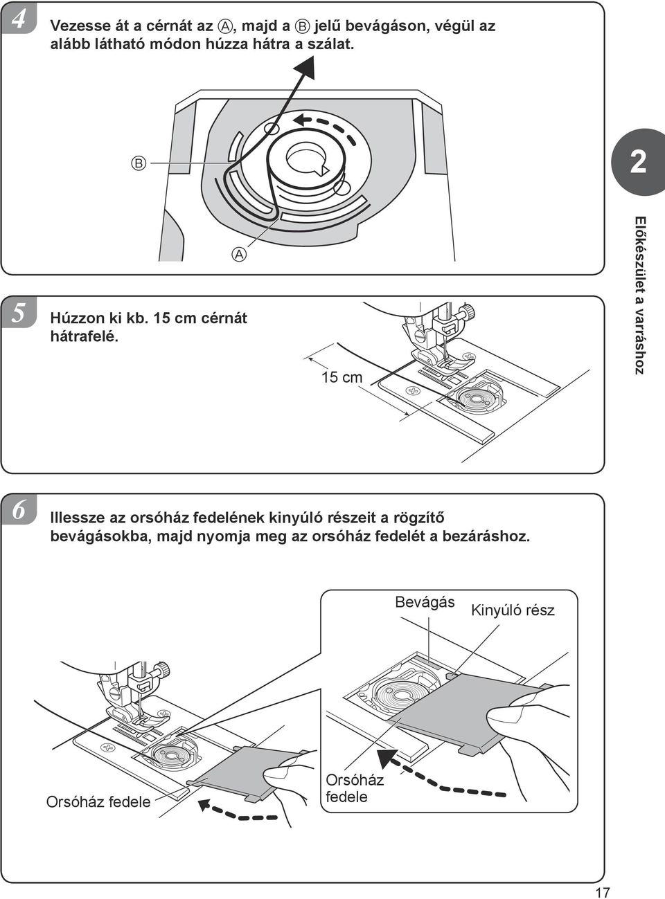 15 cm Előkészület a varráshoz 6 Illessze az orsóház fedelének kinyúló részeit a rögzítő