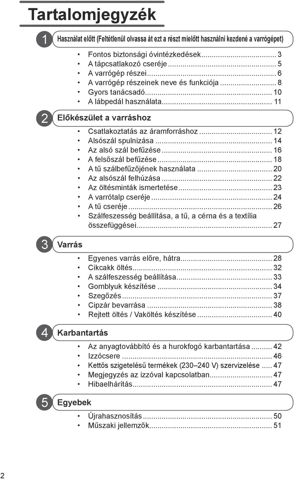 .. 12 Alsószál spulnizása... 14 Az alsó szál befűzése... 16 A felsőszál befűzése... 18 A tű szálbefűzőjének használata... 20 Az alsószál felhúzása... 22 Az öltésminták ismertetése.