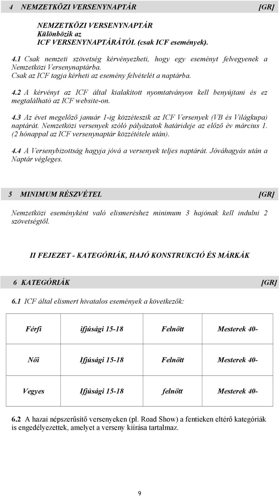 2 A kérvényt az ICF által kialakított nyomtatványon kell benyújtani és ez megtalálható az ICF website-on. 4.3 Az évet megelőző január 1-ig közzéteszik az ICF Versenyek (VB és Világkupa) naptárát.