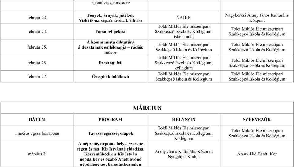 Öregdiák találkozó NAJKK, iskola-aula, kollégium MÁRCIUS DÁTUM PROGRAM HELYSZÍN SZERVEZŐK március egész hónapban március 3.