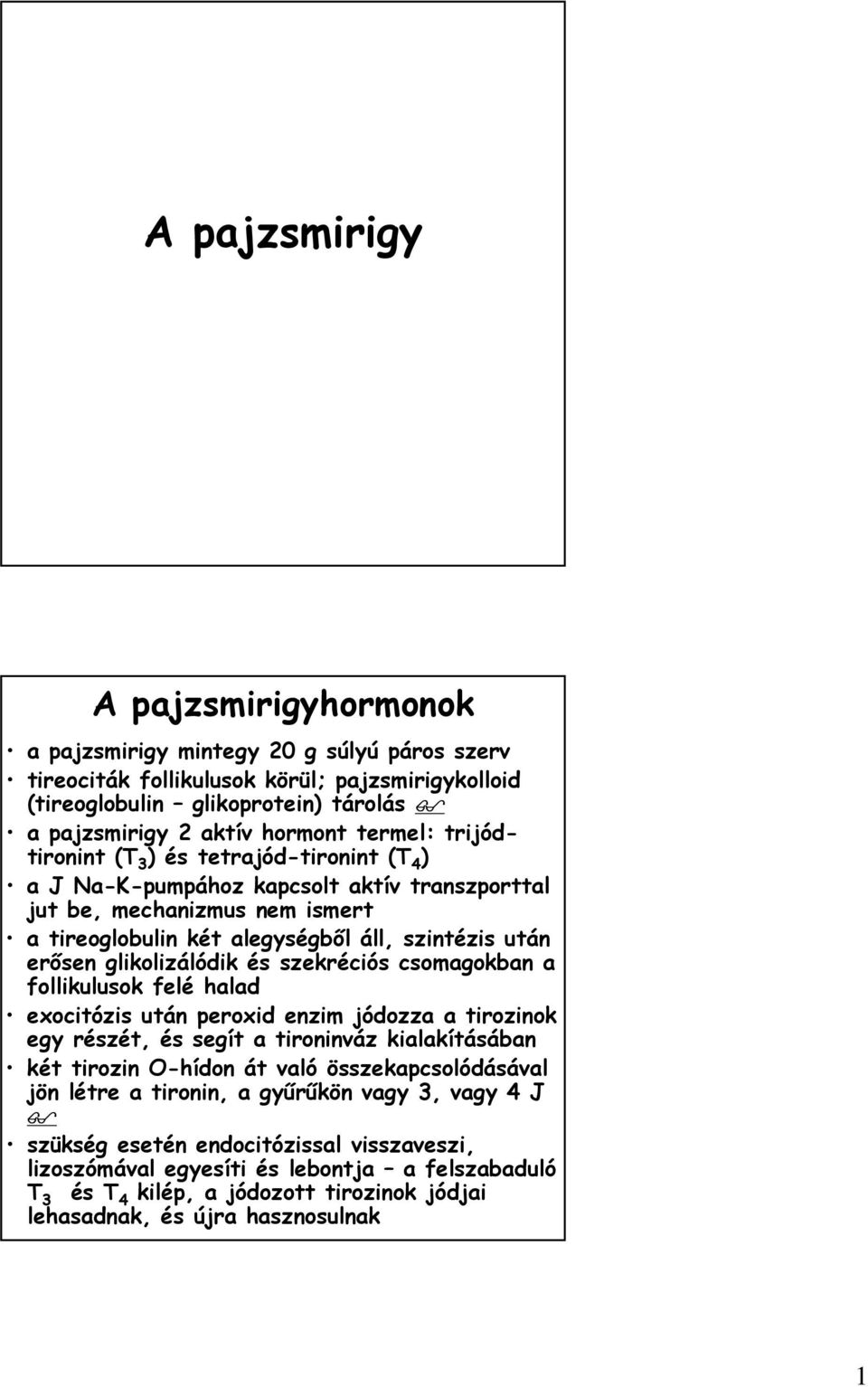 glikolizálódik és szekréciós csomagokban a follikulusok felé halad exocitózis után peroxid enzim jódozza a tirozinok egy részét, és segít a tironinváz kialakításában két tirozin O-hídon át való