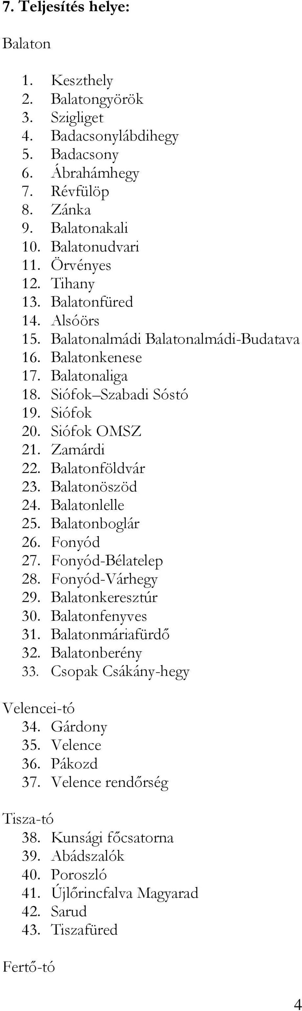 Balatonföldvár 23. Balatonöszöd 24. Balatonlelle 25. Balatonboglár 26. Fonyód 27. Fonyód-Bélatelep 28. Fonyód-Várhegy 29. Balatonkeresztúr 30. Balatonfenyves 31. Balatonmáriafürdő 32.