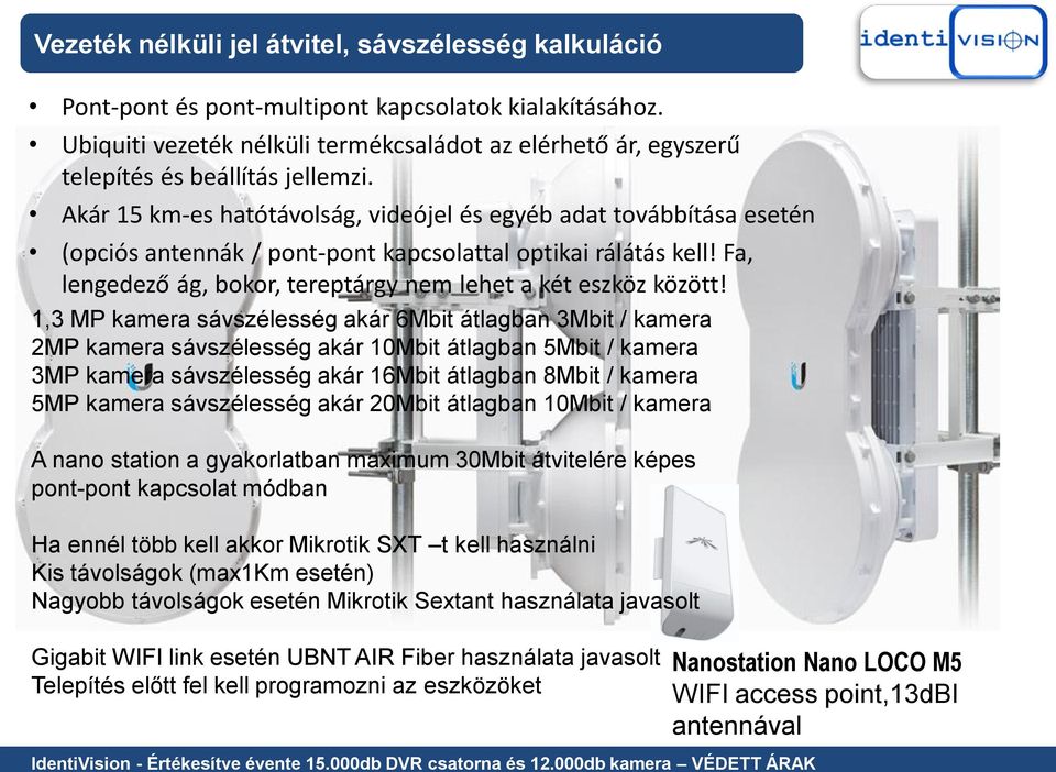 Akár 15 km-es hatótávolság, videójel és egyéb adat továbbítása esetén (opciós antennák / pont-pont kapcsolattal optikai rálátás kell! Fa, lengedező ág, bokor, tereptárgy nem lehet a két eszköz között!