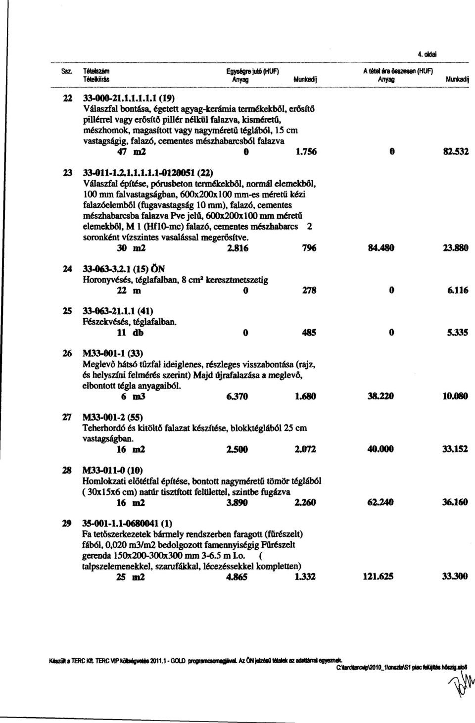 1.1.1.1.1 (19) Válaszfal bontása, égetett agyag-kerámia termékekböl, erösítő pillérrel vagy erösítő pillér nélkül falazva, kisméretii, mészhomok, magasított vagy nagyméretü téglából, 15 cm