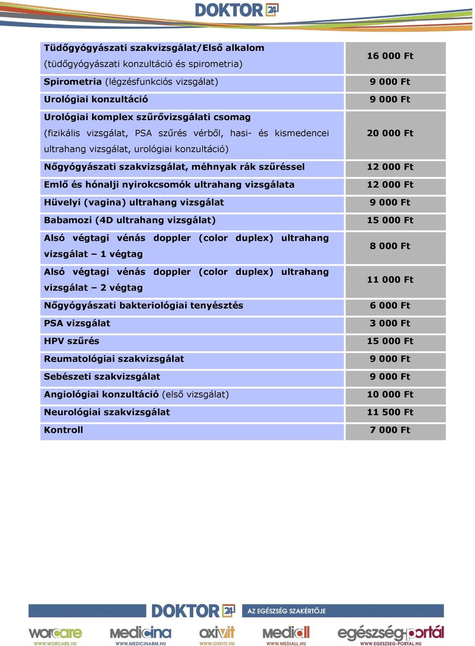 ultrahang ) Alsó végtagi vénás doppler (color duplex) ultrahang 1 végtag Alsó végtagi vénás doppler (color duplex) ultrahang 2 végtag Nőgyógyászati bakteriológiai tenyésztés PSA HPV szűrés