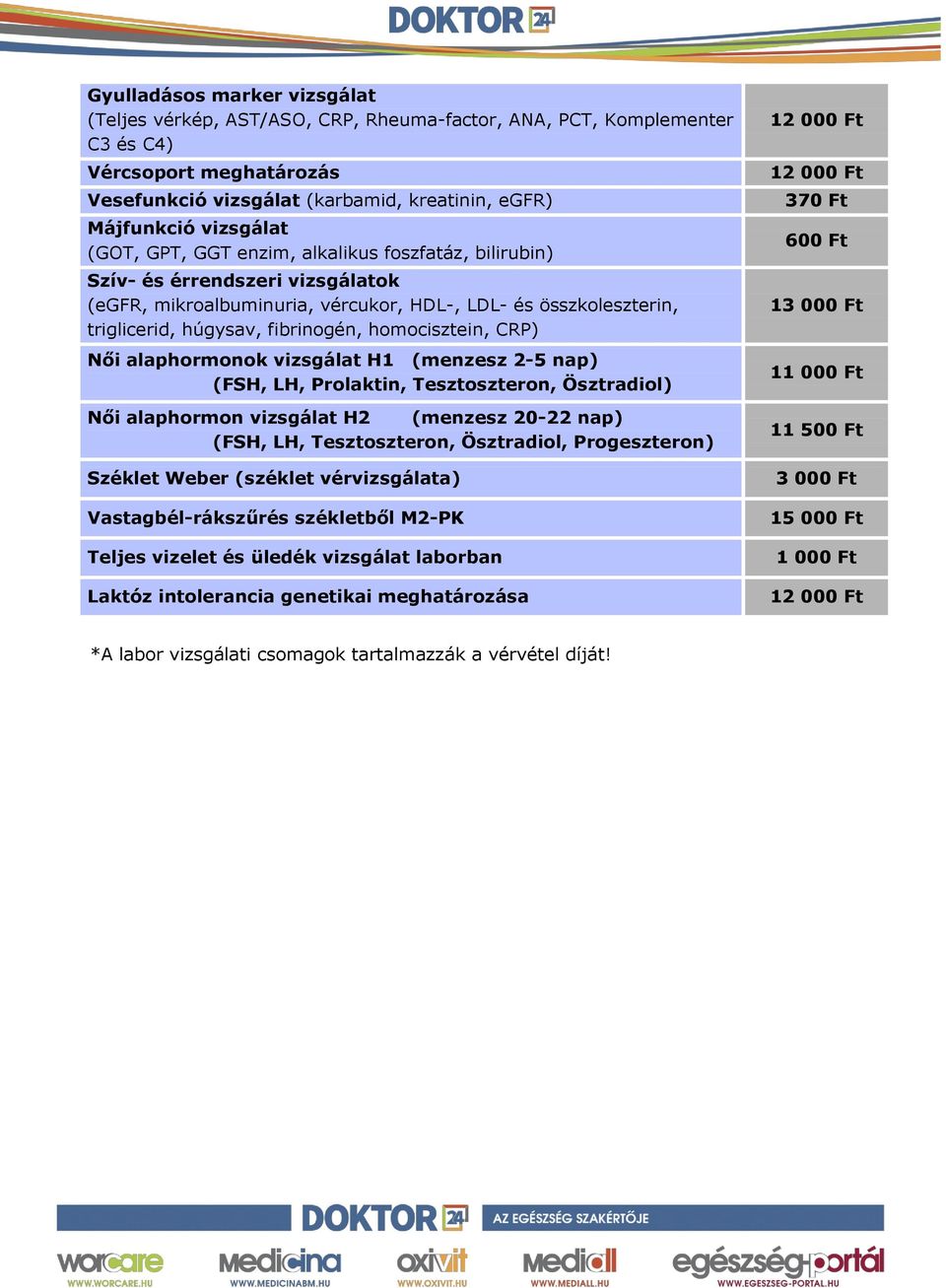 (menzesz 2-5 nap) (FSH, LH, Prolaktin, Tesztoszteron, Ösztradiol) Női alaphormon H2 (menzesz 20-22 nap) (FSH, LH, Tesztoszteron, Ösztradiol, Progeszteron) Széklet Weber (széklet véra)