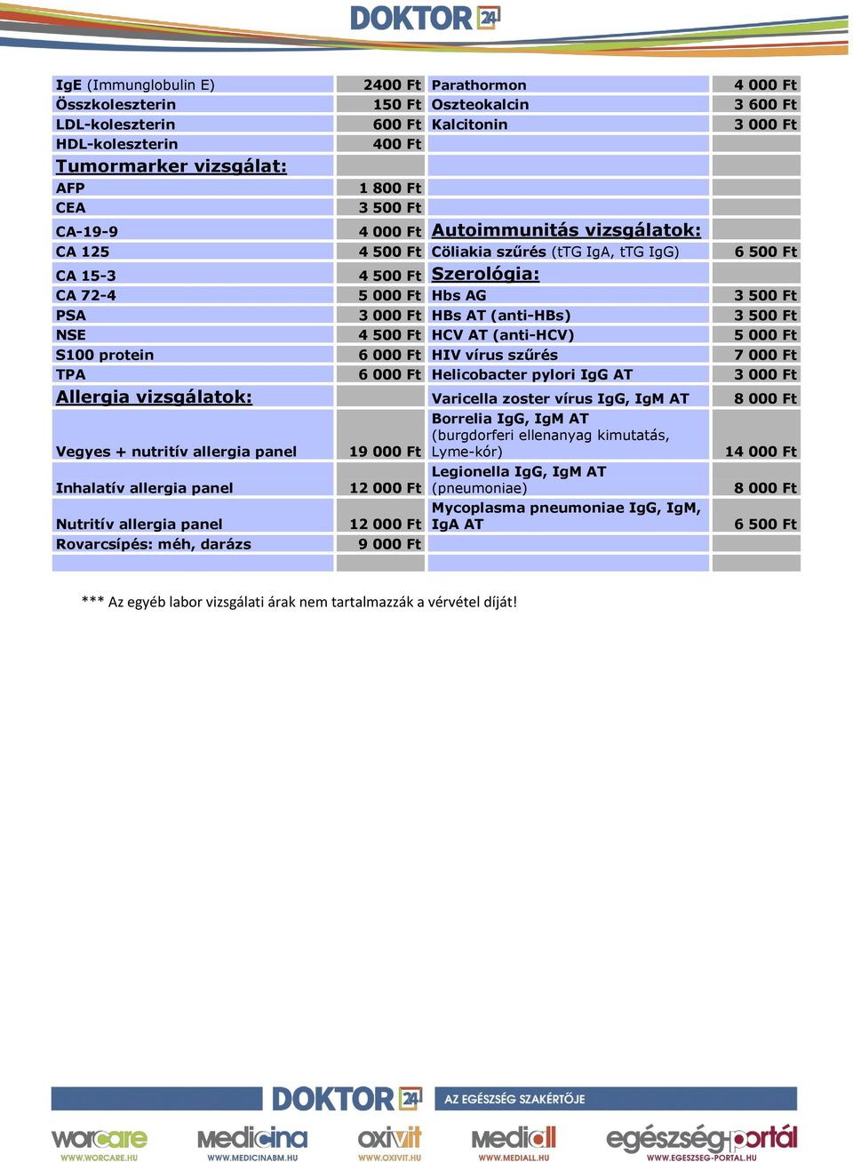 Ft NSE 4 500 Ft HCV AT (anti-hcv) 5 000 Ft S100 protein 6 000 Ft HIV vírus szűrés 7 000 Ft TPA 6 000 Ft Helicobacter pylori IgG AT 3 000 Ft Allergia ok: Varicella zoster vírus IgG, IgM AT 8 000 Ft