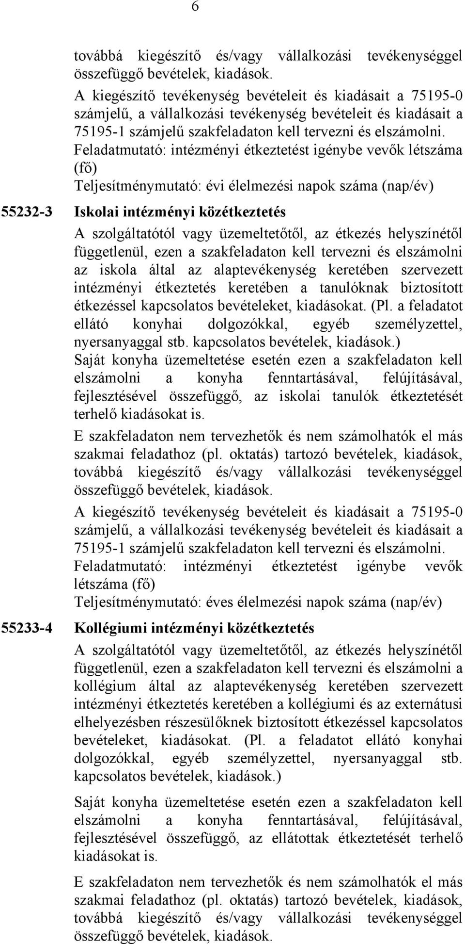 Feladatmutató: intézményi étkeztetést igénybe vevők létszáma (fő) Teljesítménymutató: évi élelmezési napok száma (nap/év) 55232-3 Iskolai intézményi közétkeztetés A szolgáltatótól vagy üzemeltetőtől,